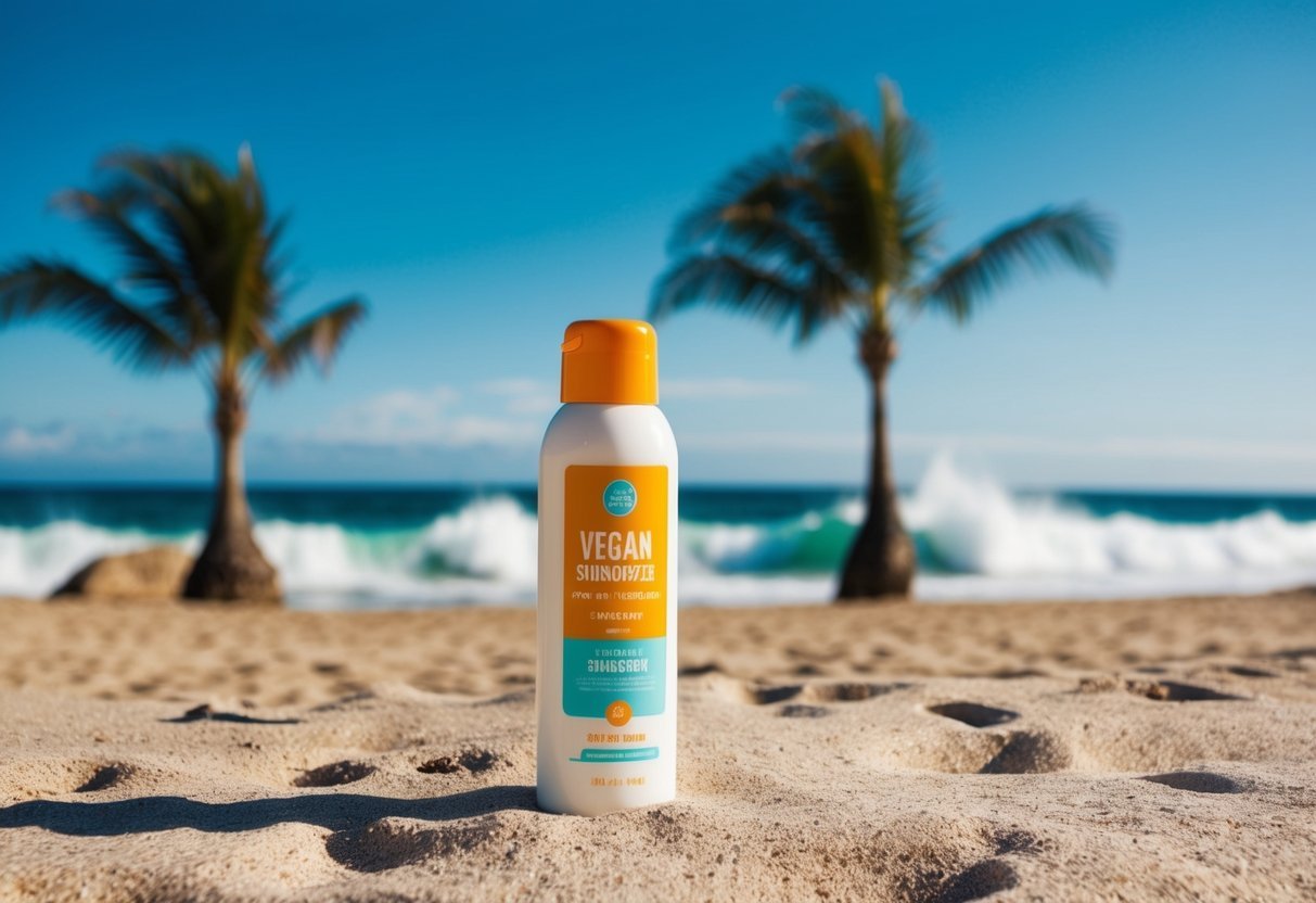 A sunny beach scene with waves crashing, palm trees, and a clear blue sky, with a bottle of vegan sunscreen prominently displayed in the foreground