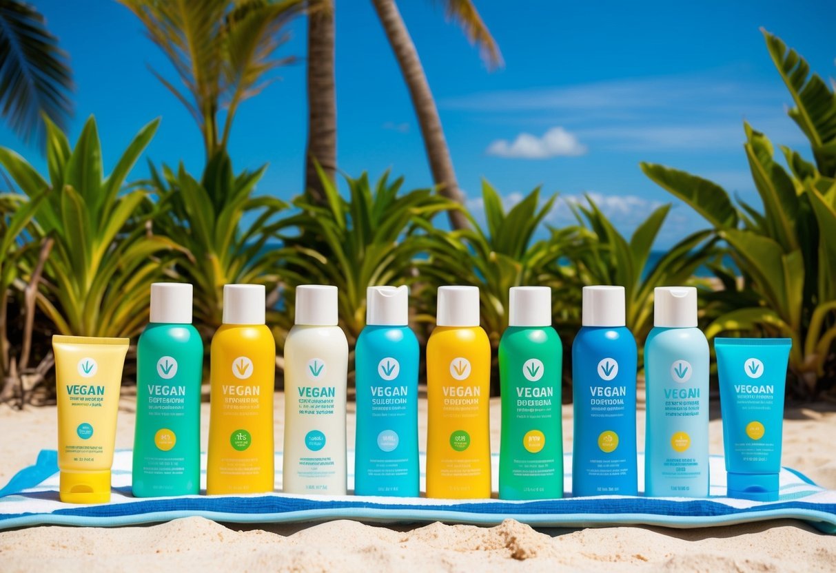 A sunny beach with a variety of vegan sunscreen bottles lined up on a towel, surrounded by tropical plants and a clear blue sky