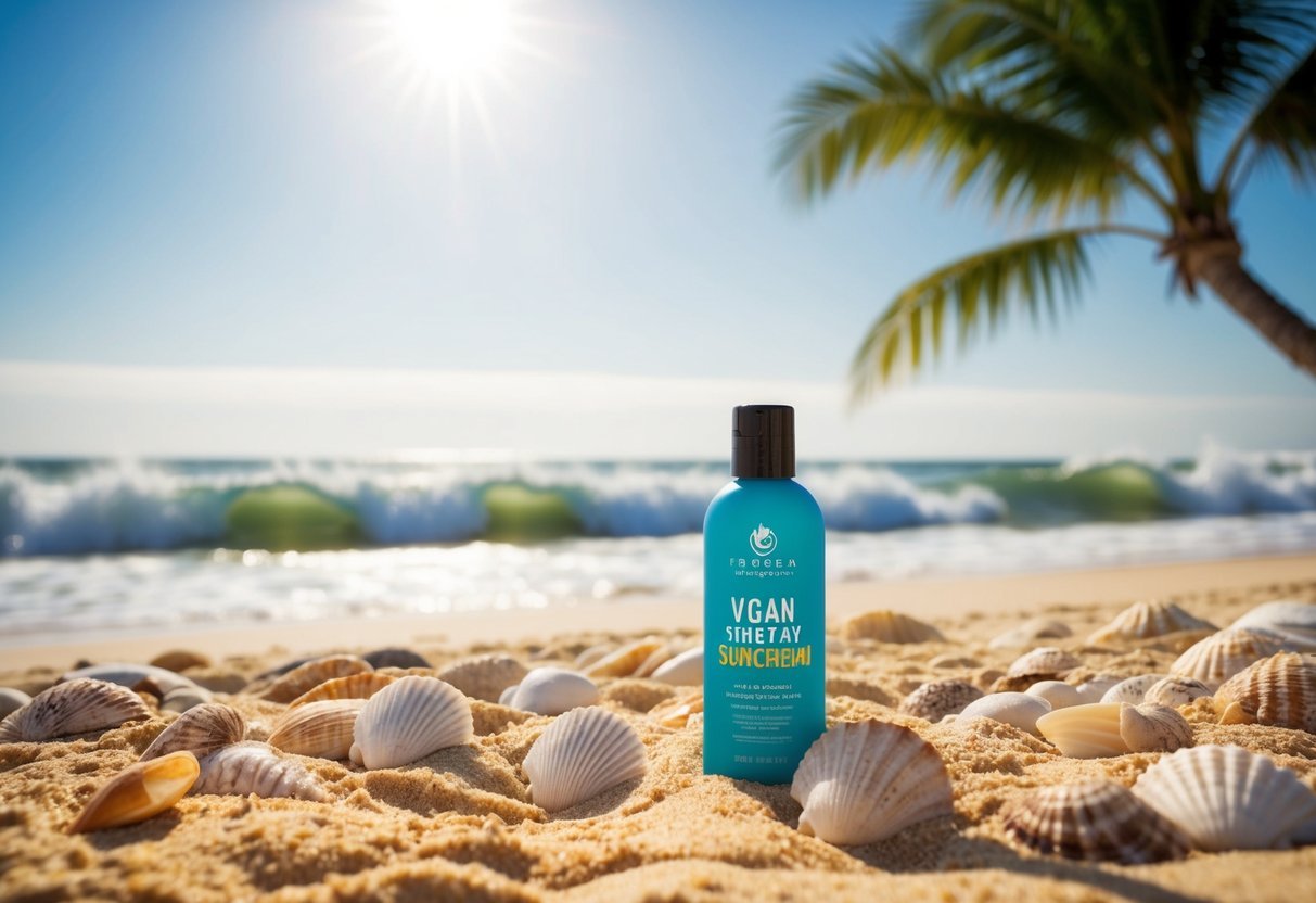 A sunny beach with waves crashing, a palm tree, and a bottle of vegan sunscreen surrounded by seashells and sand