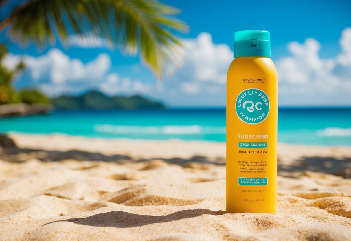 A sunny beach with a vibrant, tropical backdrop.</p><p>A sunscreen bottle prominently displays the cruelty-free certification logo