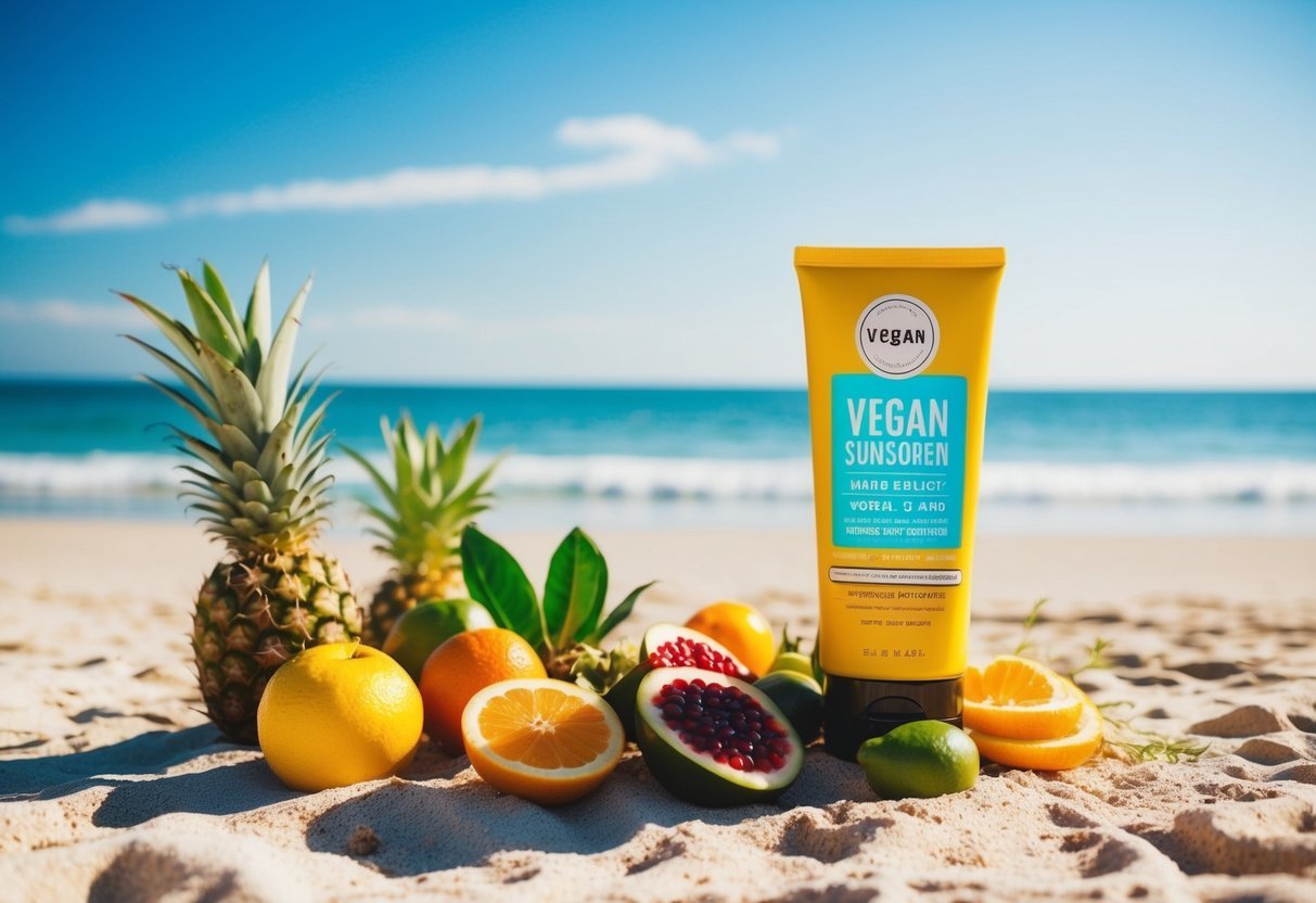 A sunny beach with a variety of organic fruits and plants, a clear blue sky, and a bottle of vegan sunscreen prominently displayed