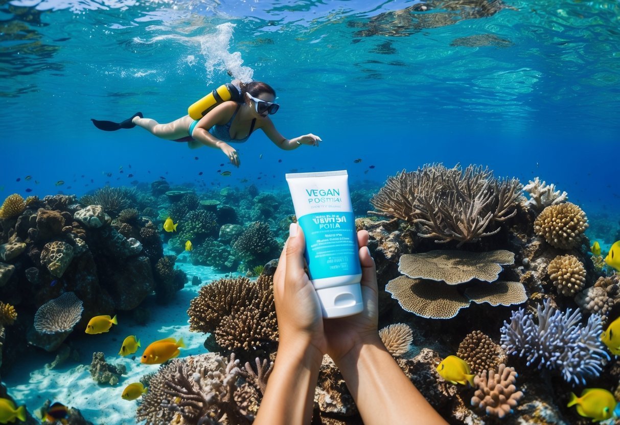 A tropical coral reef with clear blue water, vibrant marine life, and a person applying vegan sunscreen