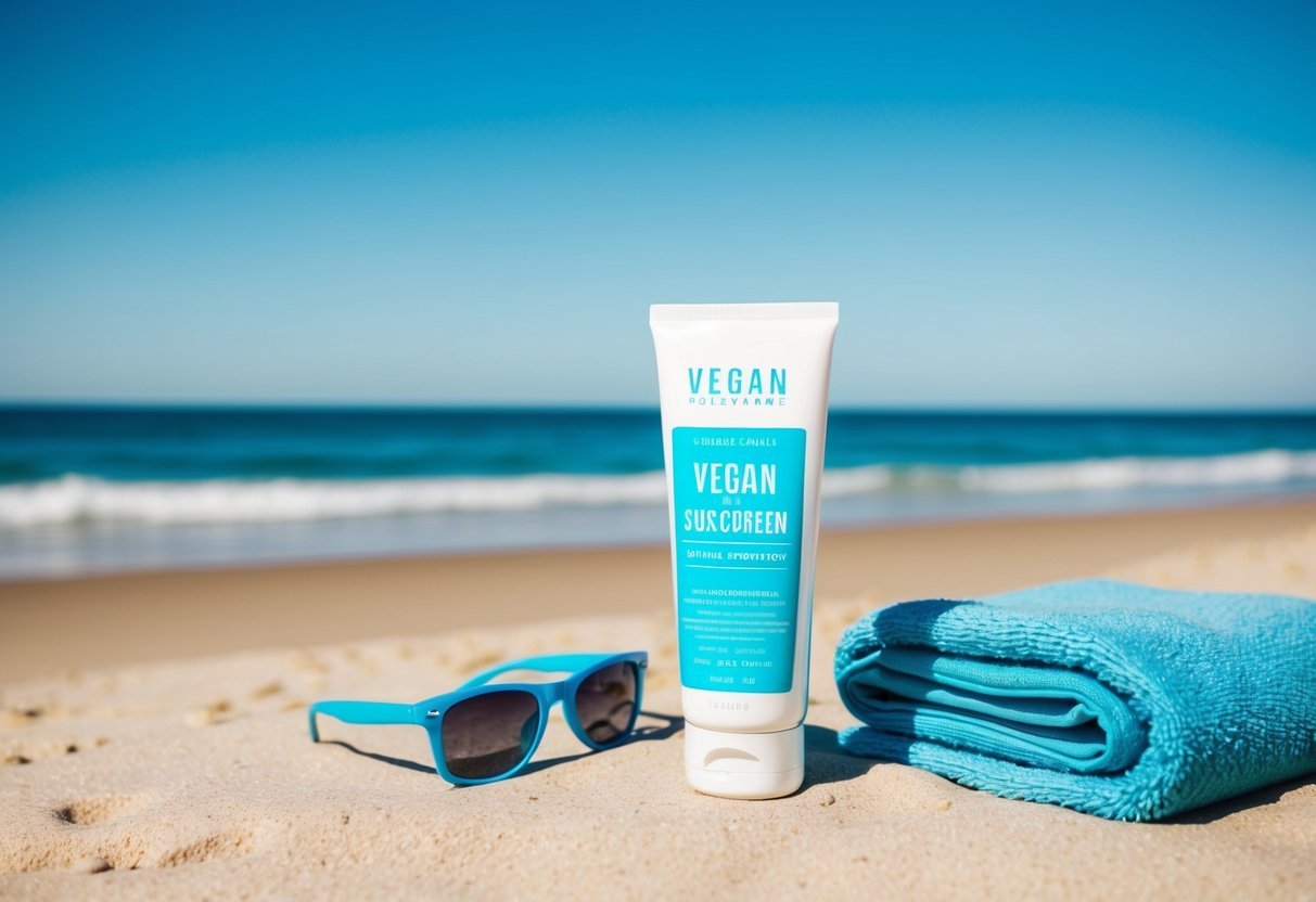 A sunny beach with clear blue skies, where a bottle of vegan sunscreen sits next to a towel and sunglasses.</p><p>The ocean waves gently roll onto the shore