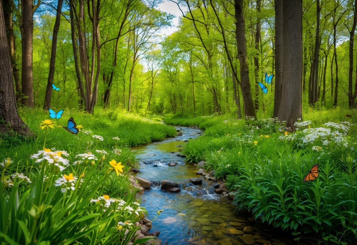 A lush green forest with a clear stream running through it, surrounded by blooming wildflowers and butterflies fluttering around
