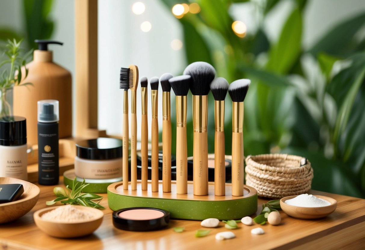 A bamboo makeup brush set arranged on a sustainable wooden vanity, surrounded by eco-friendly beauty products and natural materials