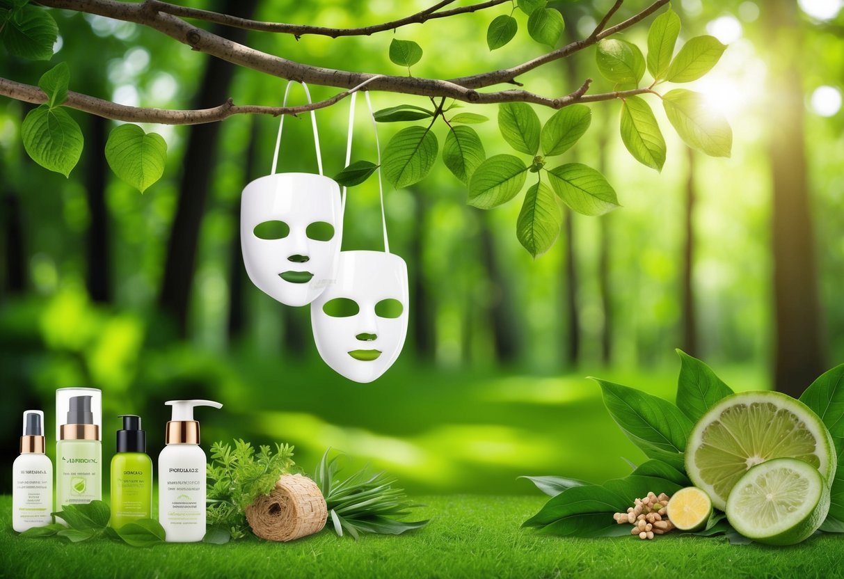 A lush green forest with biodegradable face masks hanging from tree branches, surrounded by eco-friendly beauty products and natural elements