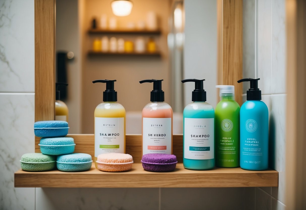 A bathroom shelf with colorful solid shampoo bars and eco-friendly beauty products