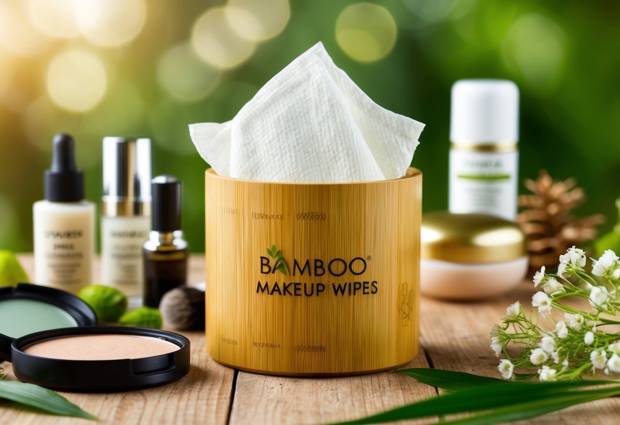 A bamboo container holds compostable makeup wipes surrounded by eco-friendly beauty products and natural elements
