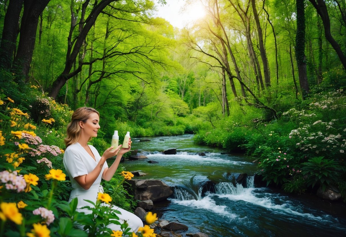 A lush green forest with a flowing river, surrounded by blooming flowers and wildlife. A woman is seen using natural beauty products in harmony with nature