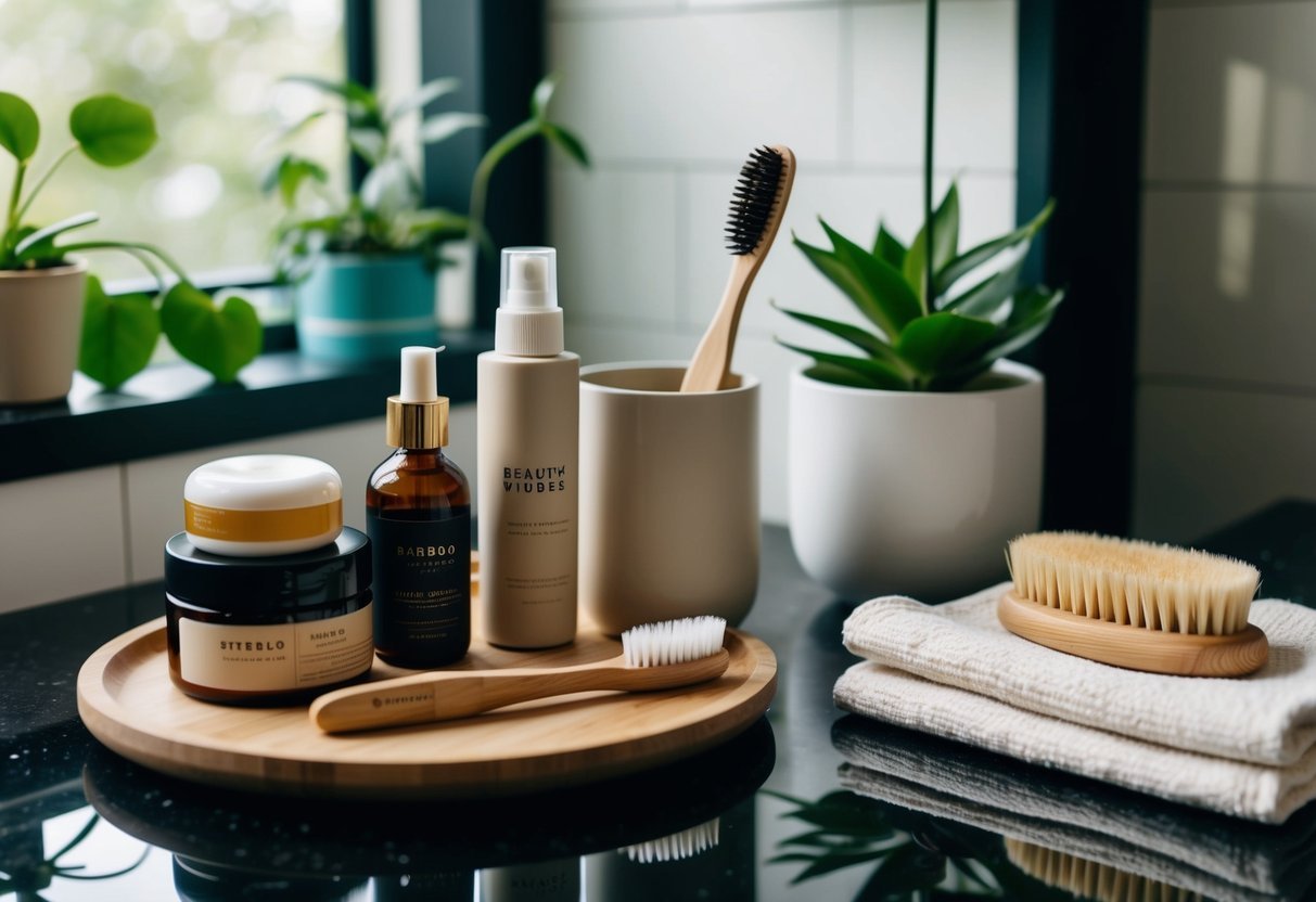 A bathroom counter with reusable containers of beauty products, bamboo toothbrush, and a compostable hairbrush. A cloth towel replaces disposable wipes. A plant sits nearby