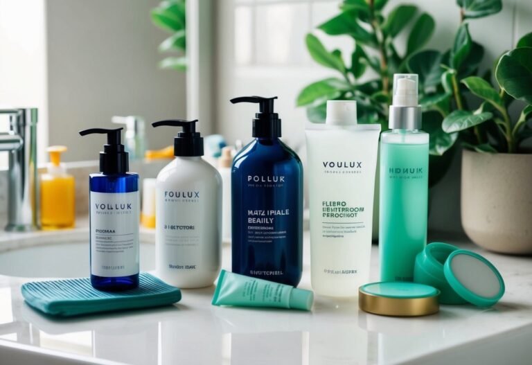 Bathroom counter with various skincare products, including bottles and jars