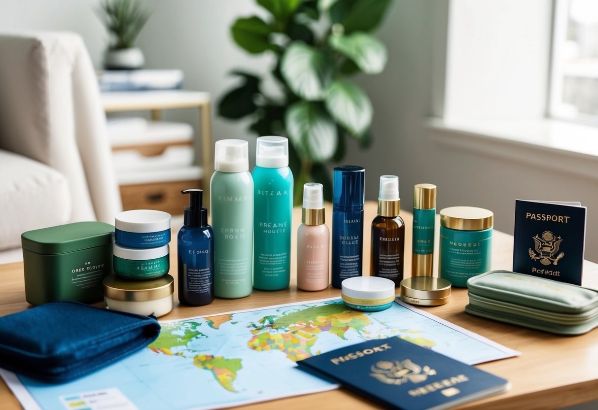 A table with eco-friendly beauty products, reusable containers, and travel-sized items arranged neatly.</p><p>A map and passport nearby