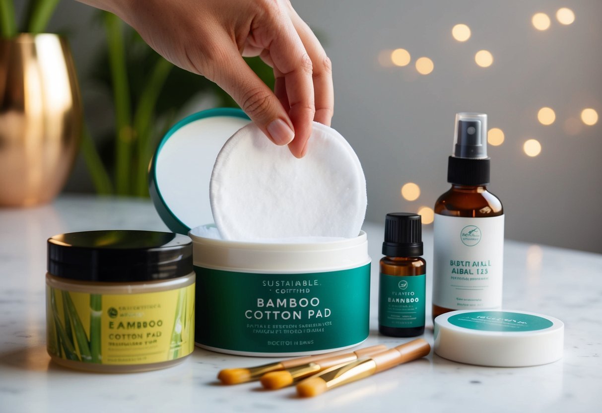 A bamboo cotton pad being placed into a travel-sized container next to other sustainable beauty items