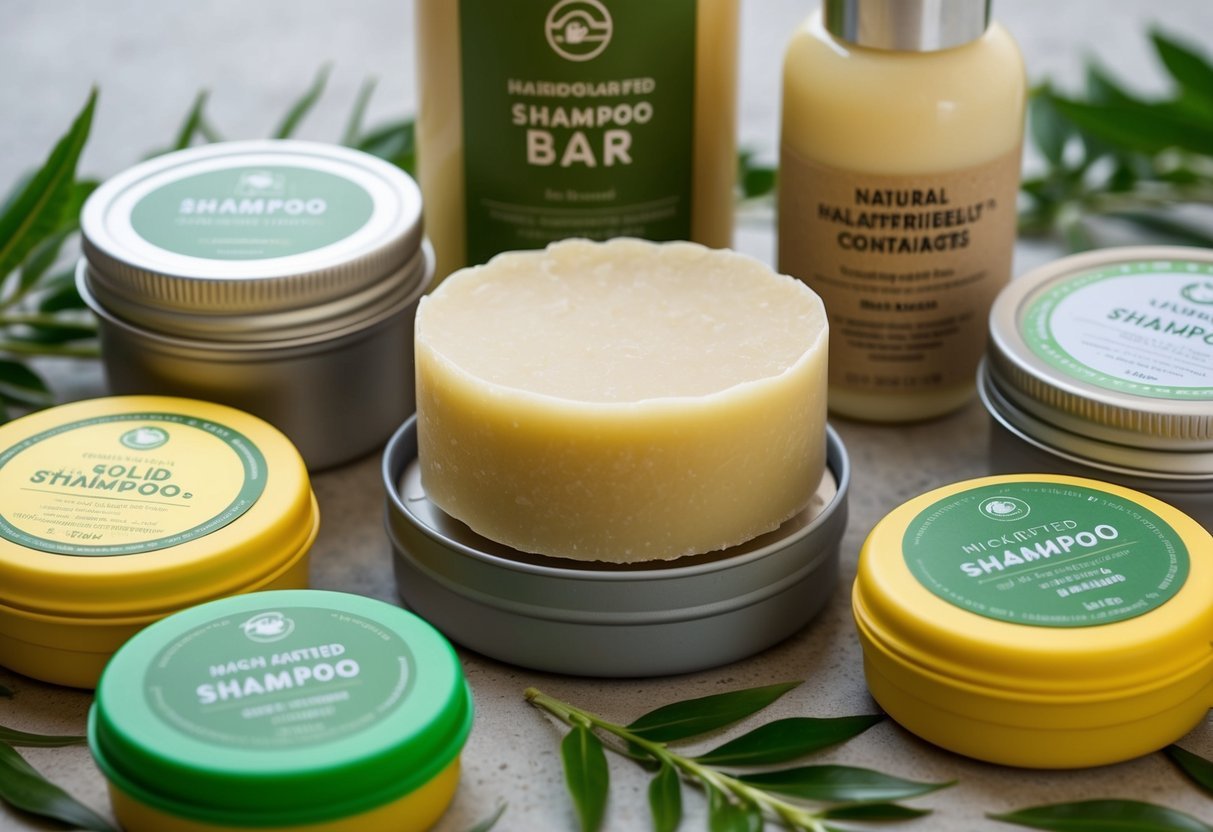 A handcrafted solid shampoo bar surrounded by reusable containers and eco-friendly packaging, with natural ingredients and a travel-friendly design