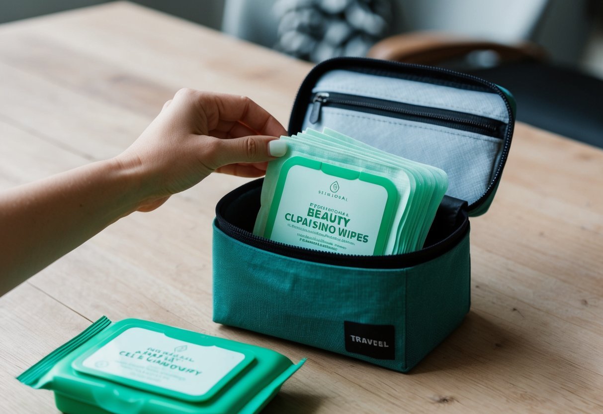 A hand reaching into a sustainable beauty travel kit, pulling out biodegradable cleansing wipes.</p><p>The kit includes reusable containers and eco-friendly packaging