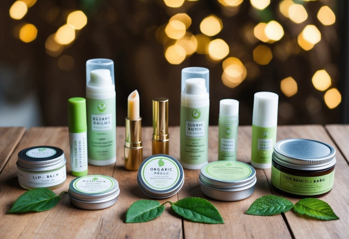 A collection of eco-friendly beauty products arranged on a wooden surface, including organic lip balm, reusable containers, and sustainable packaging