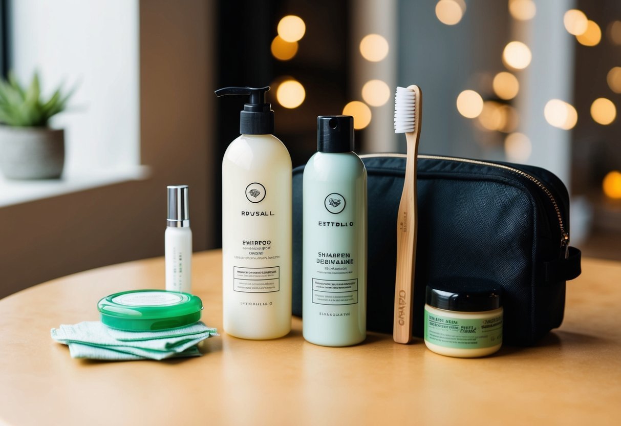 A compact travel bag with reusable containers for shampoo, conditioner, sunscreen, and skincare products, alongside a bamboo toothbrush and biodegradable makeup wipes