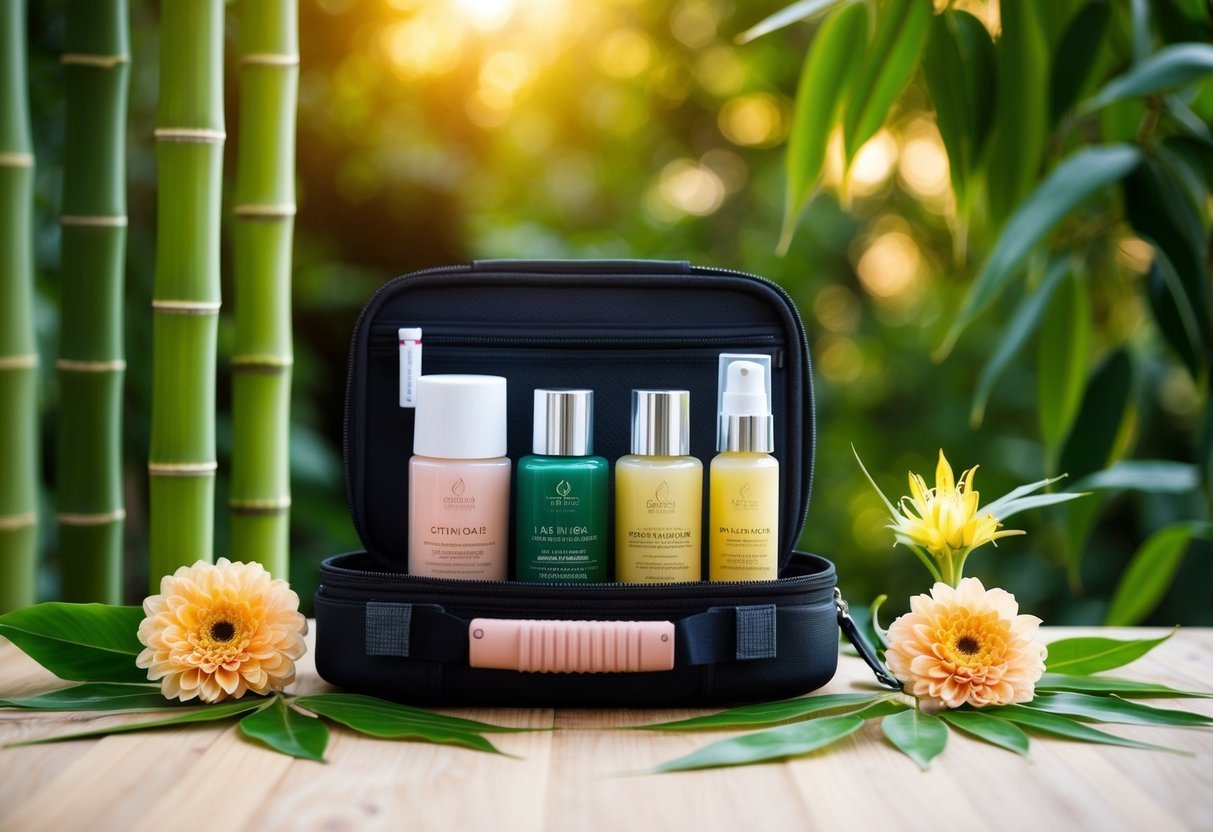 A table with eco-friendly beauty products neatly arranged in a compact travel case, surrounded by natural elements like bamboo, leaves, and flowers