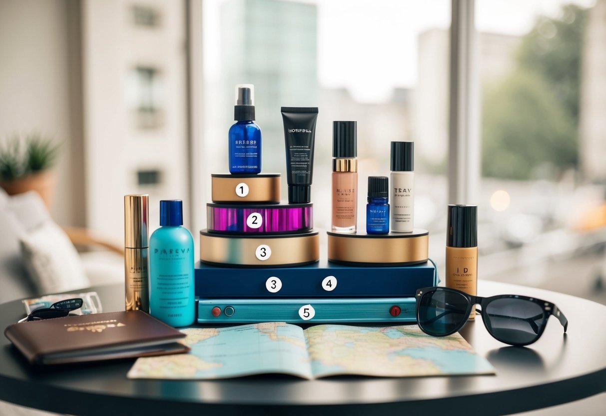 A table with beauty products organized in 5 steps, surrounded by travel essentials like a passport, map, and sunglasses