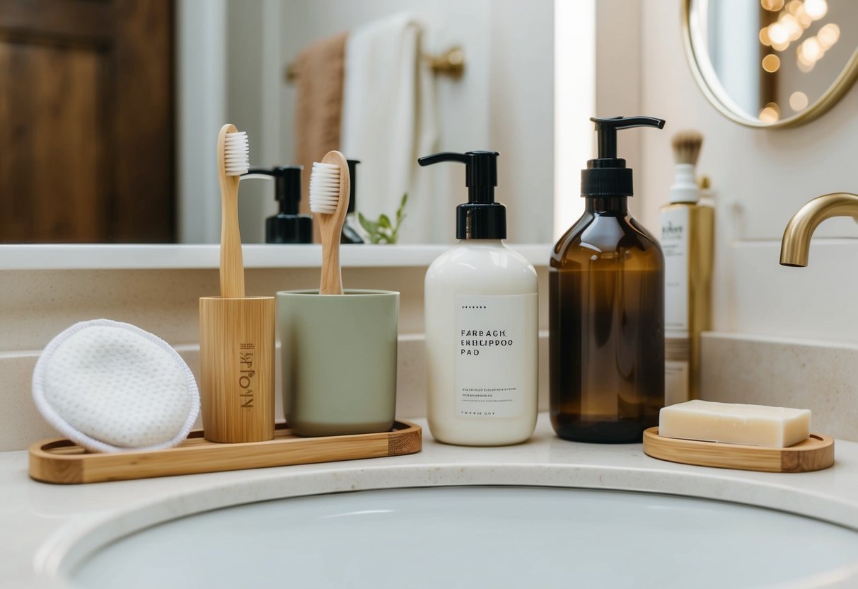 A bathroom countertop with reusable containers for skincare products, a bamboo toothbrush, a bar of soap, a refillable shampoo bottle, and a cloth makeup remover pad