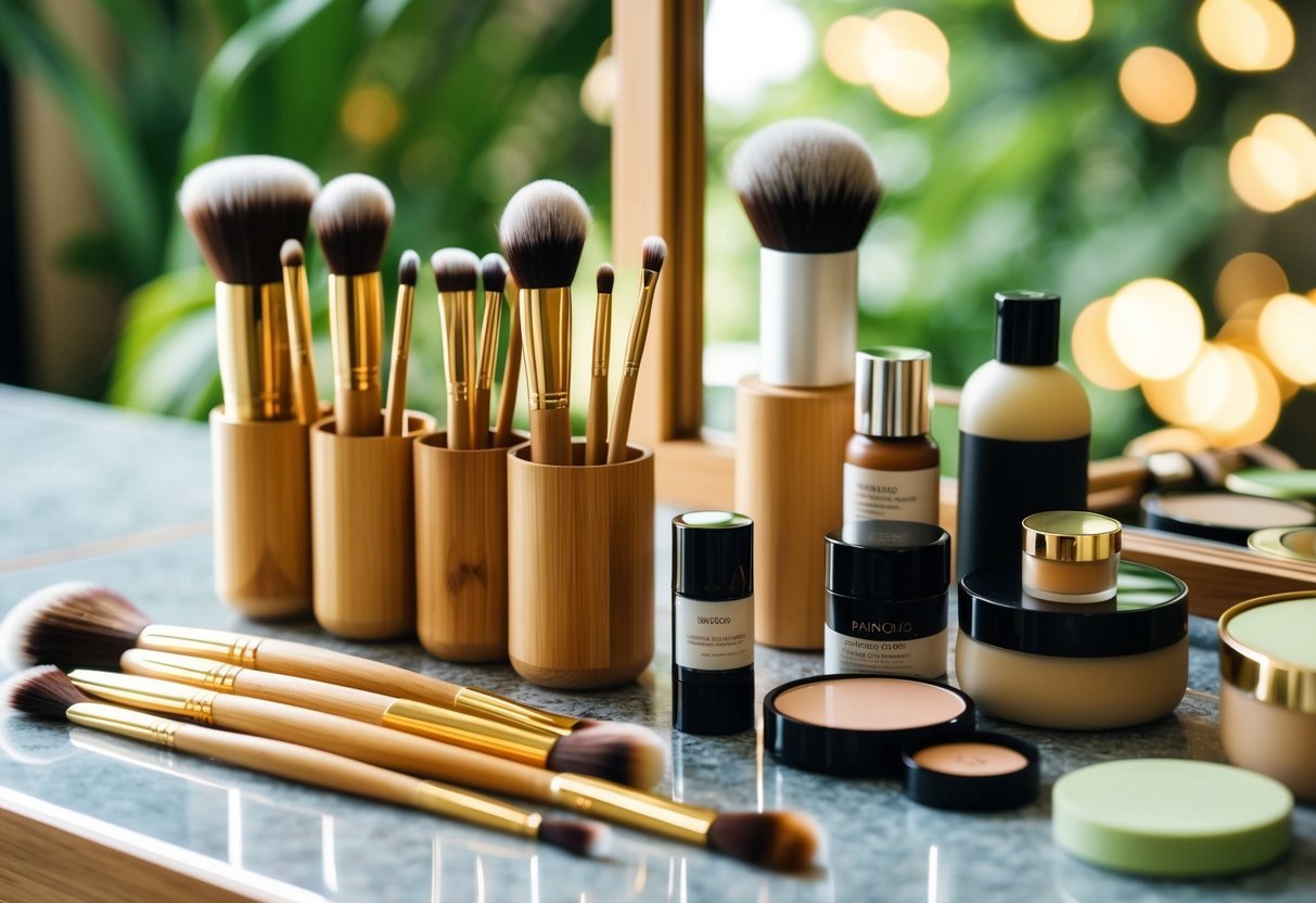 Bamboo makeup brushes arranged next to reusable containers and natural beauty products on a sustainable vanity