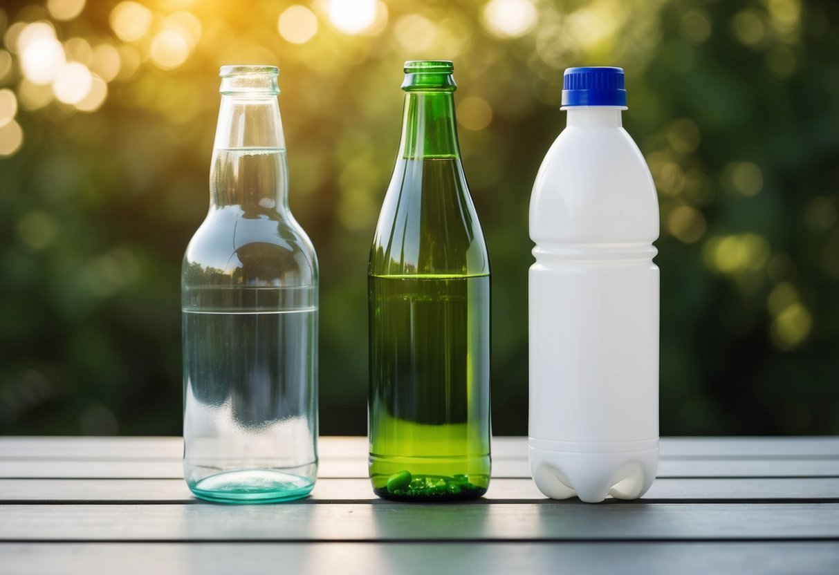 A glass bottle and a plastic bottle sit side by side, with the glass bottle being chosen over the plastic one