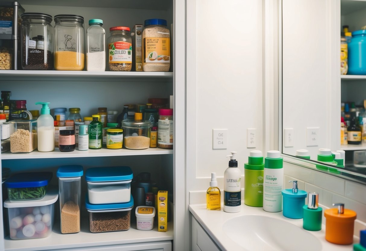 A cluttered pantry shelf with various ingredients and containers, alongside a bathroom counter with beauty products and reusable containers