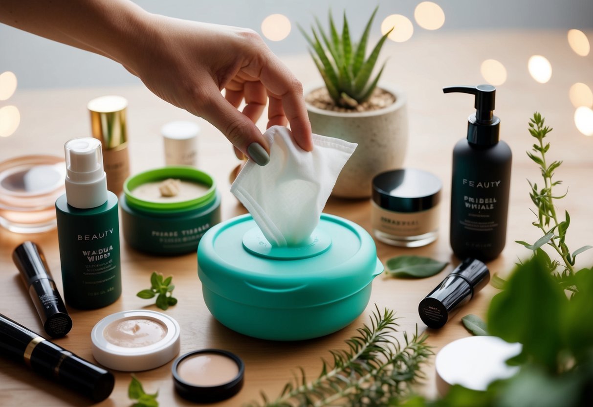 A hand reaching for a biodegradable makeup wipe next to a reusable container, surrounded by various beauty products and natural elements