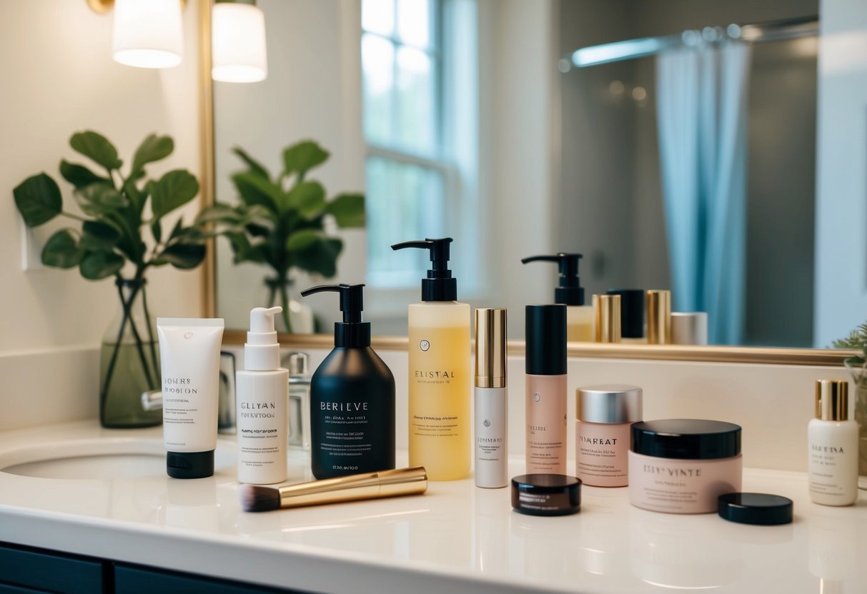 A bathroom counter with various beauty products, including skincare, makeup, and hair care items, all made with minimal plastic packaging