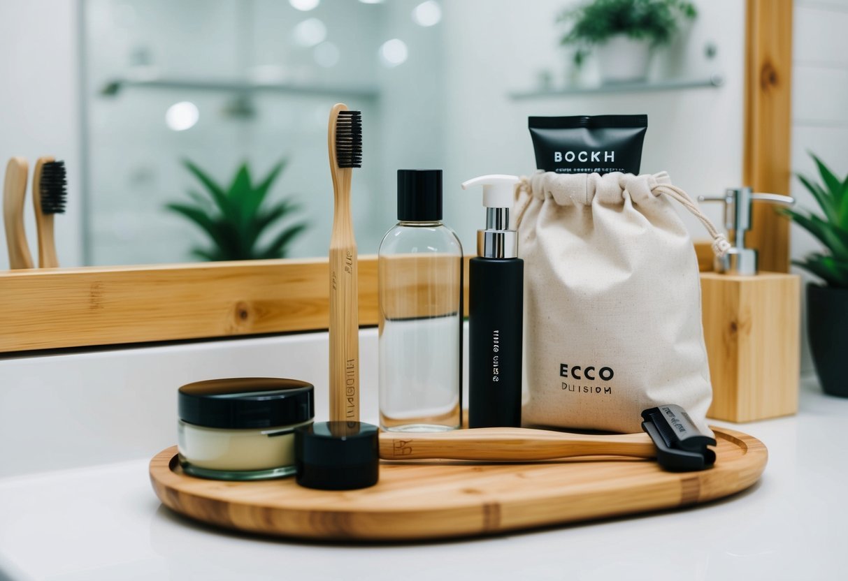 A bathroom countertop with eco-friendly beauty products like bamboo toothbrush, glass containers, and metal razor. A reusable cloth bag holds items