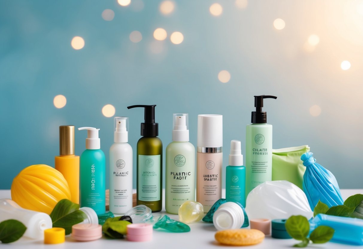 A collection of eco-friendly beauty products surrounded by various types of plastic waste being replaced with sustainable alternatives