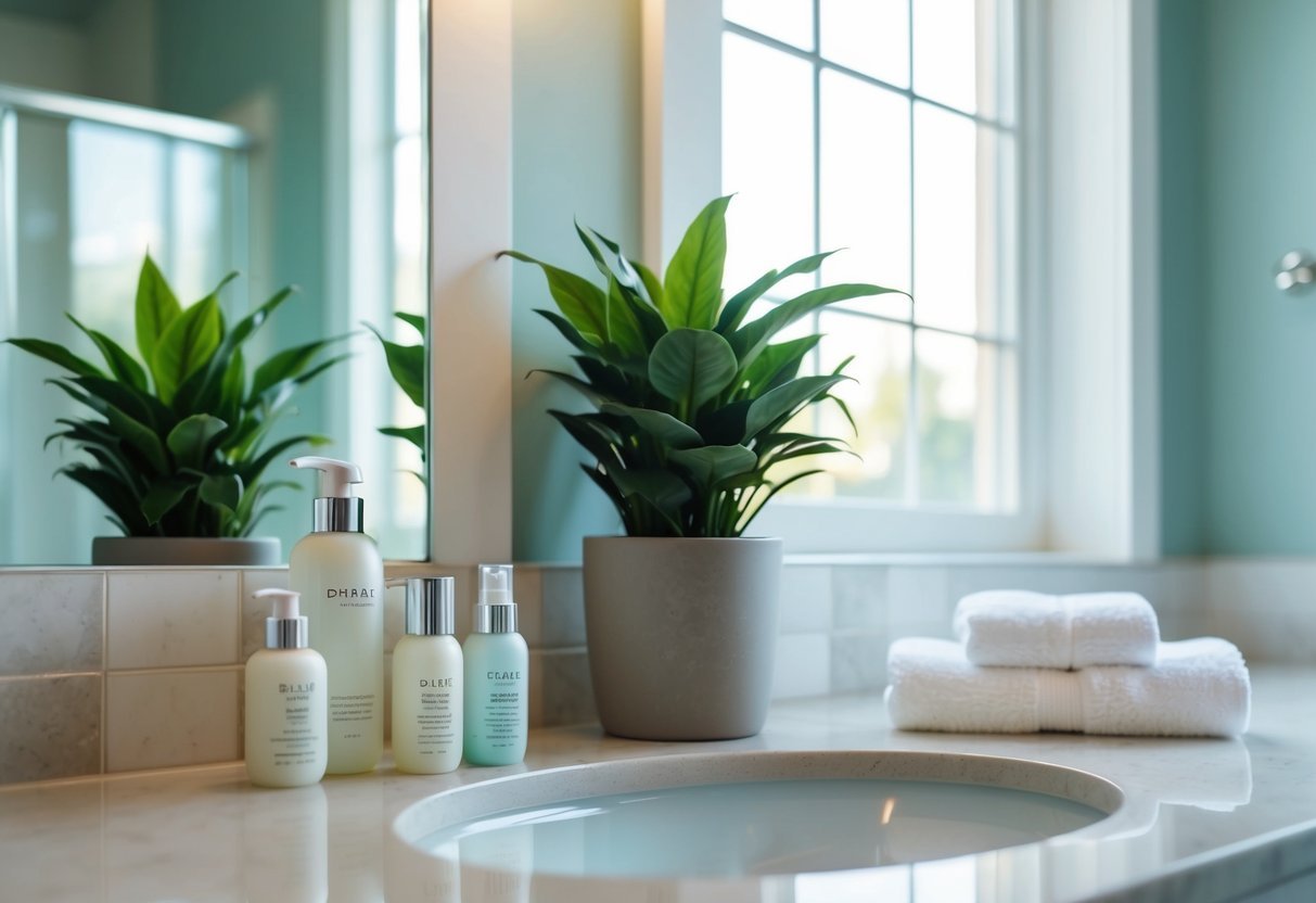 A serene bathroom counter with neatly arranged skincare products, a soft towel, and a potted plant, illuminated by natural light from a window