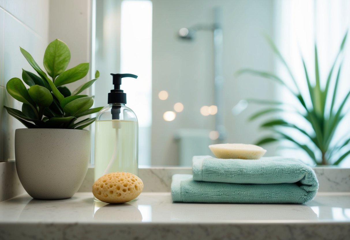 A serene bathroom counter with a bottle of gentle cleanser, a soft towel, a potted plant, and a natural sponge