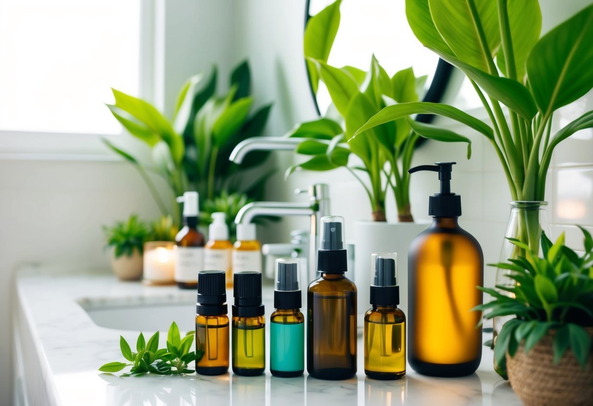 A serene bathroom counter with various bottles of natural oils and beauty products neatly arranged, surrounded by lush green plants and soft natural lighting