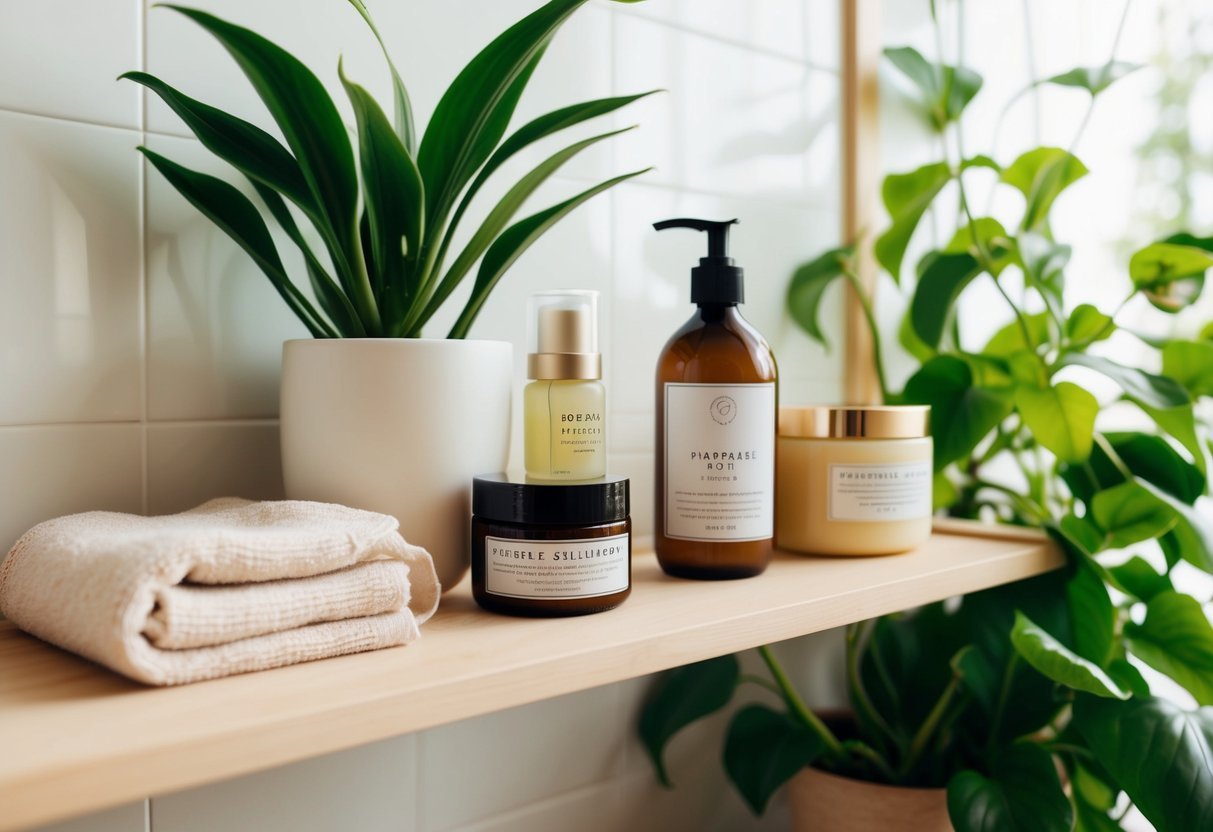 A serene bathroom shelf adorned with natural skincare products, a soft towel, and a gentle exfoliating scrub, surrounded by lush green plants