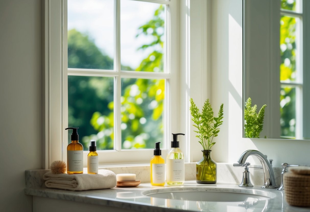 A serene, sunlit bathroom with natural skincare products neatly arranged on a countertop.</p><p>A mirror reflects a lush, green view outside the window