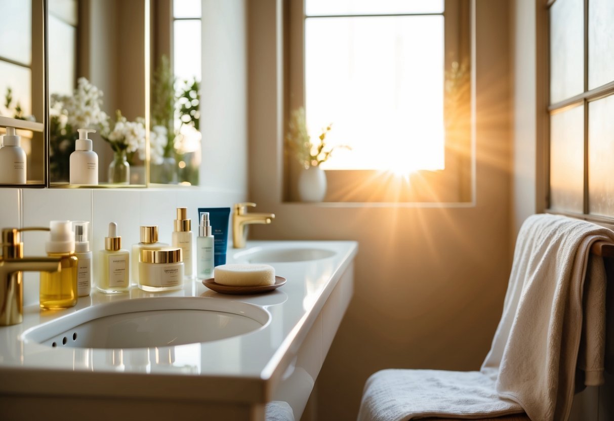 A serene bathroom counter with various skincare and beauty products neatly arranged, a soft towel draped over a chair, and a warm, inviting glow from the natural light streaming in through a window