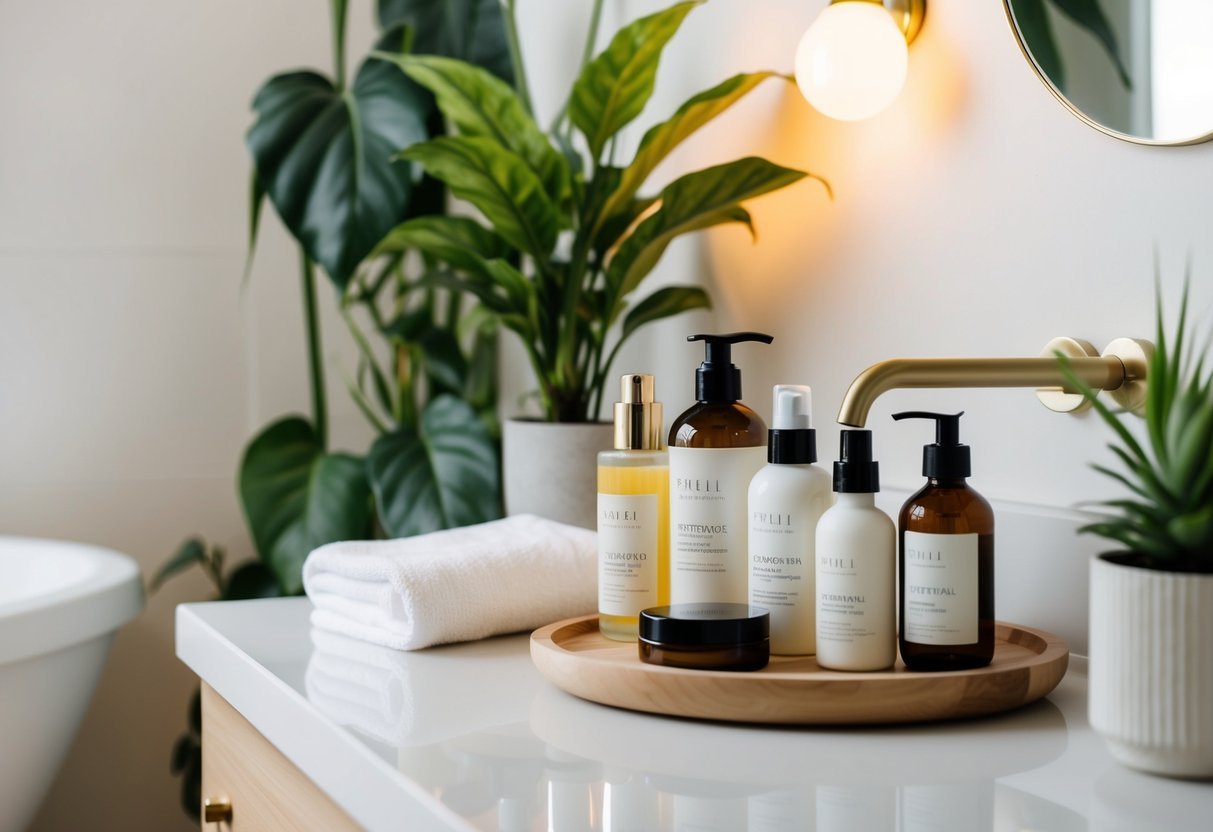 A serene bathroom counter with natural beauty products neatly arranged, surrounded by plants and soft natural lighting