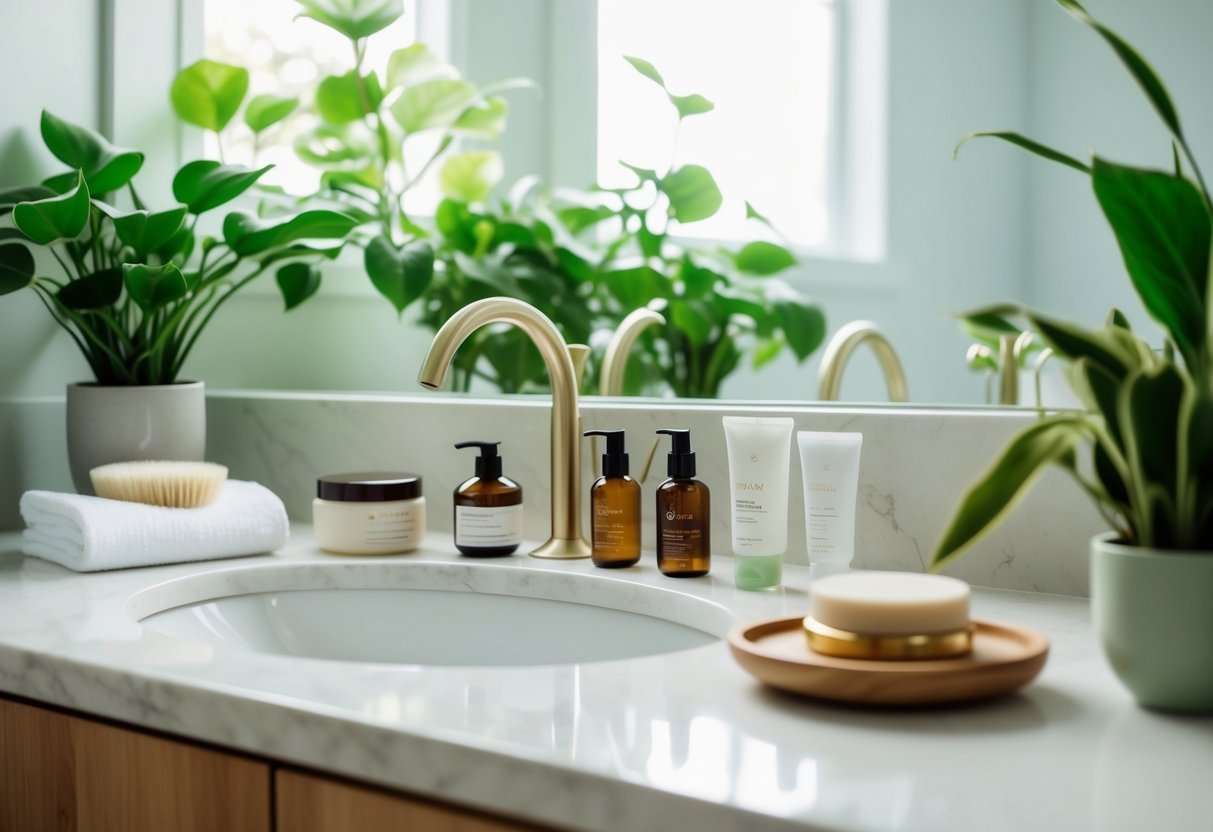 A serene bathroom counter with natural beauty products neatly arranged, surrounded by green plants and soft natural lighting