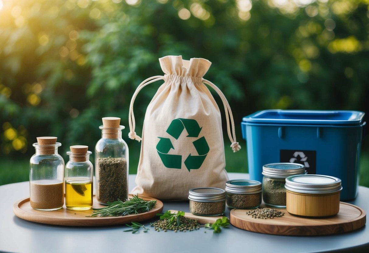 A table with glass jars, bamboo containers, and metal tins.</p><p>A reusable cloth bag holds natural ingredients like herbs and oils.</p><p>A recycling bin sits nearby