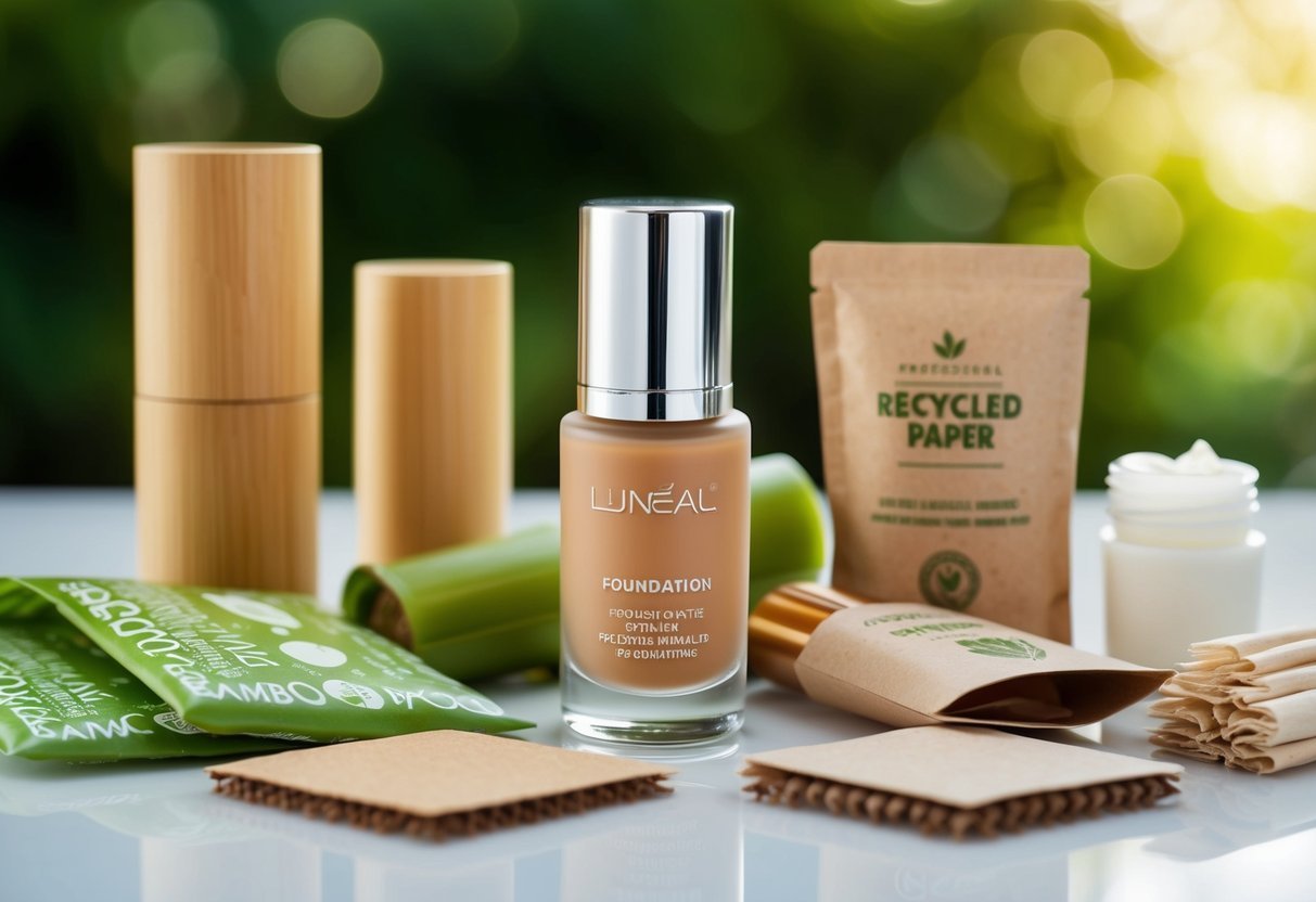 A glass bottle of foundation surrounded by eco-friendly packaging materials like bamboo, recycled paper, and plant-based plastics