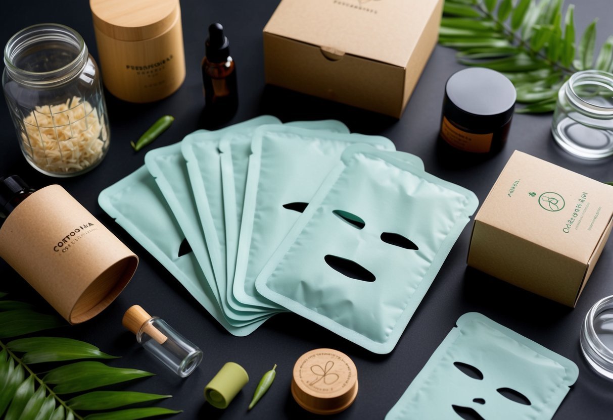 A collection of compostable sheet masks surrounded by eco-friendly beauty packaging materials, including glass jars, bamboo containers, and recyclable paper boxes