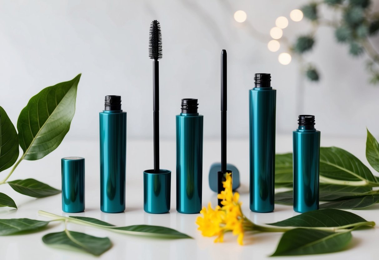 A collection of recycled plastic mascara tubes arranged in a simple, clean composition with natural elements like leaves or flowers to convey sustainability