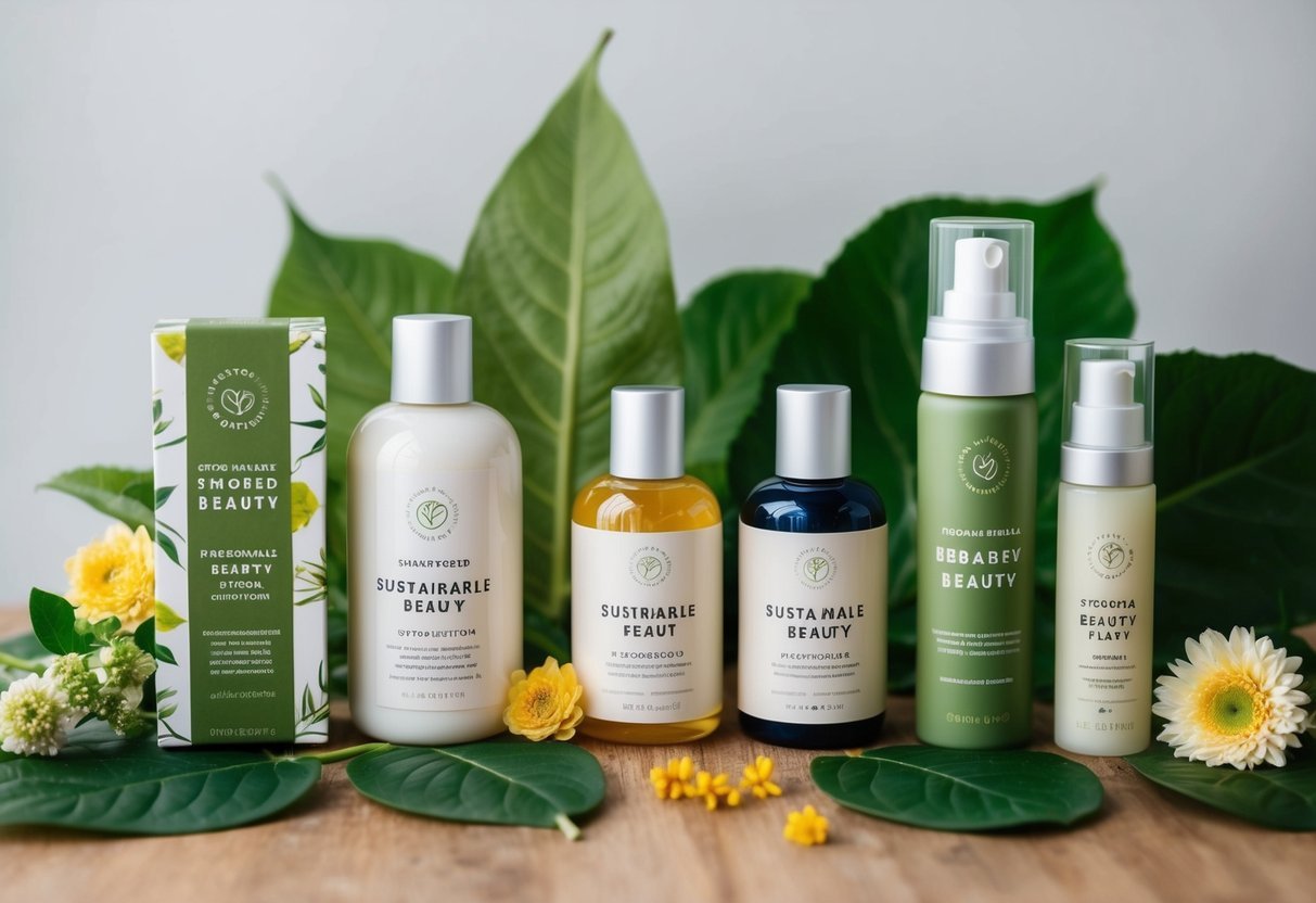 A collection of sustainable beauty products displayed with eco-friendly packaging, surrounded by natural elements such as leaves and flowers