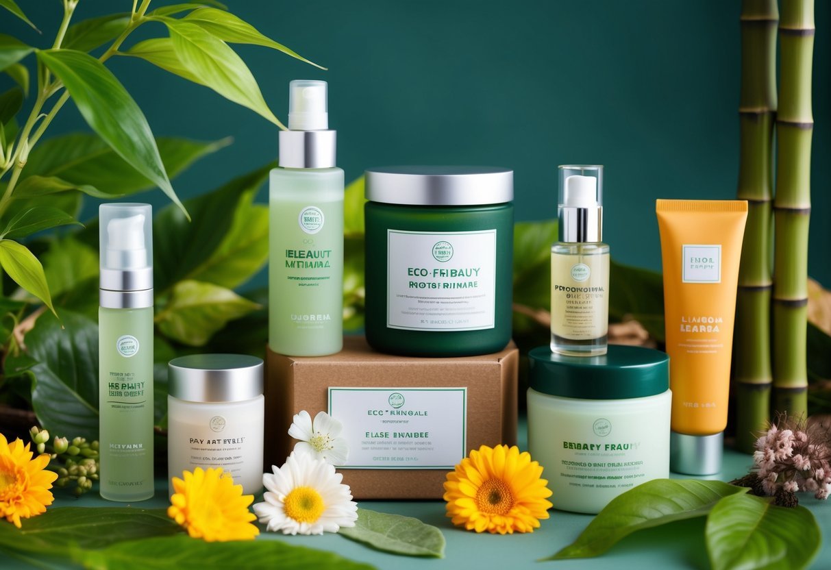 A collection of eco-friendly beauty product packaging made from innovative materials, surrounded by natural elements such as leaves, flowers, and bamboo