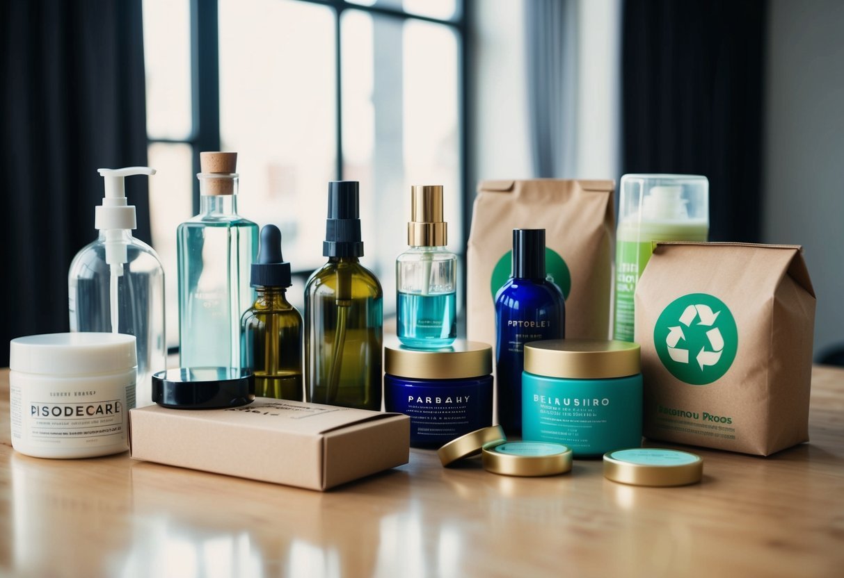 A table with various beauty products and packaging materials, including glass bottles, recyclable cardboard boxes, and biodegradable containers