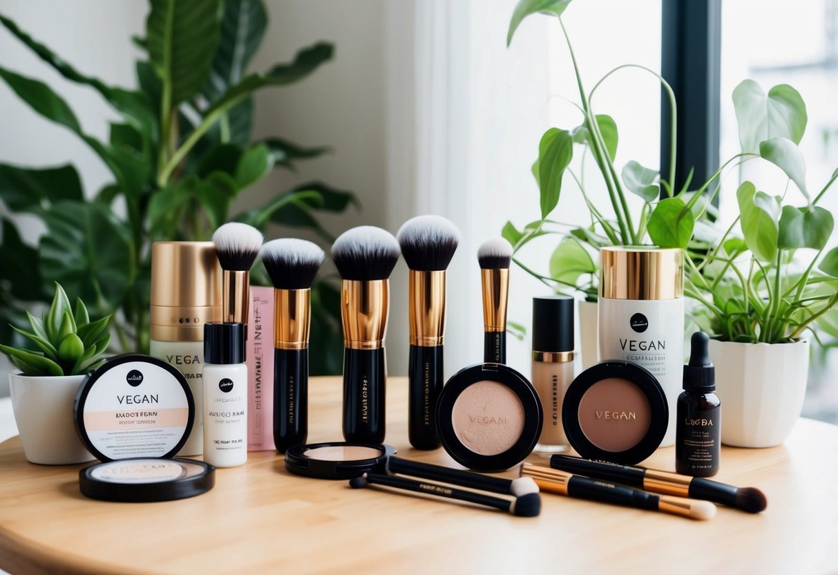 A makeup table with all vegan products neatly arranged, including brushes, palettes, and skincare items. Plants and natural light create a fresh, eco-friendly atmosphere