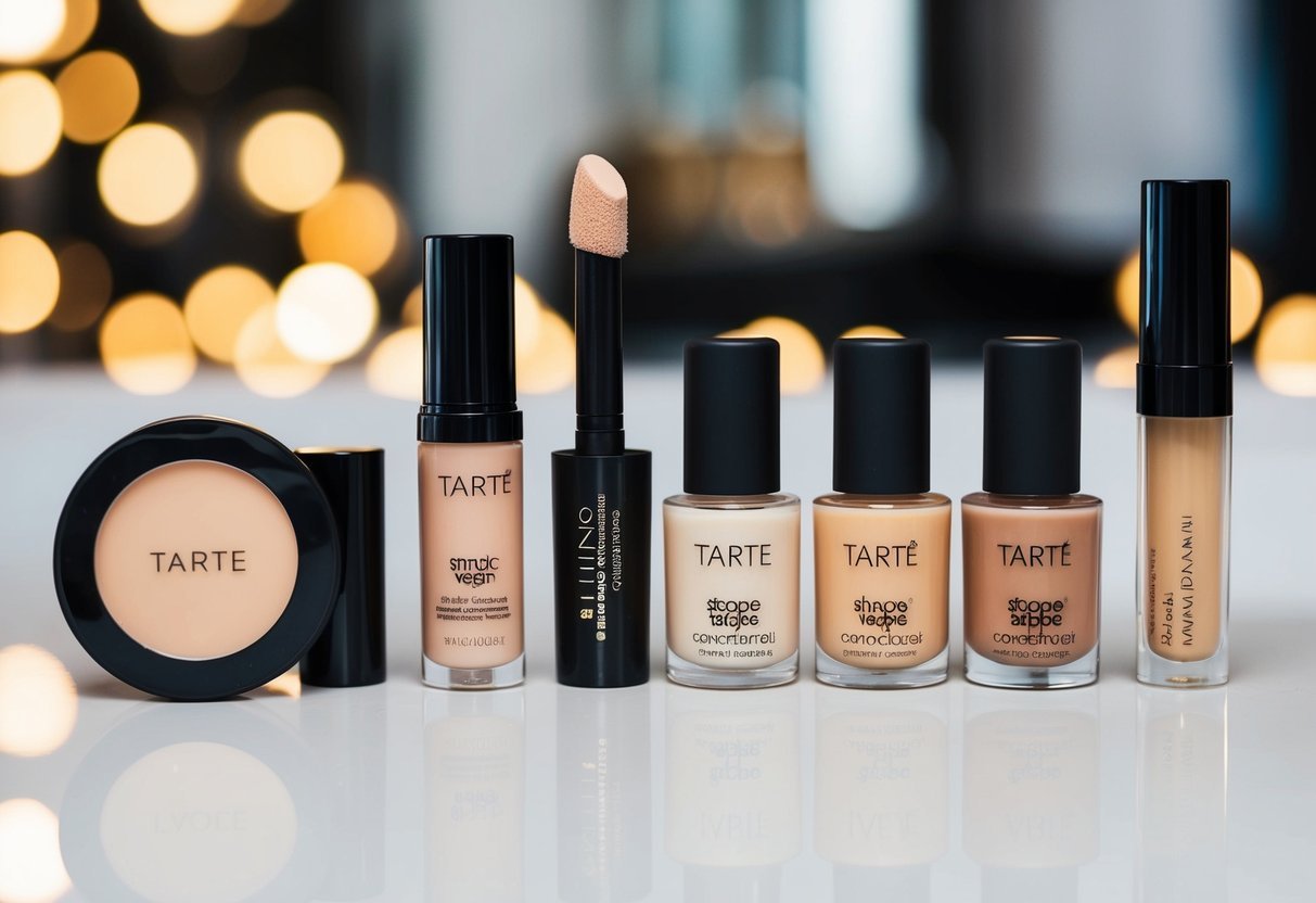 A table with a variety of vegan makeup products, including Tarte Shape Tape Concealer, arranged in 5 steps