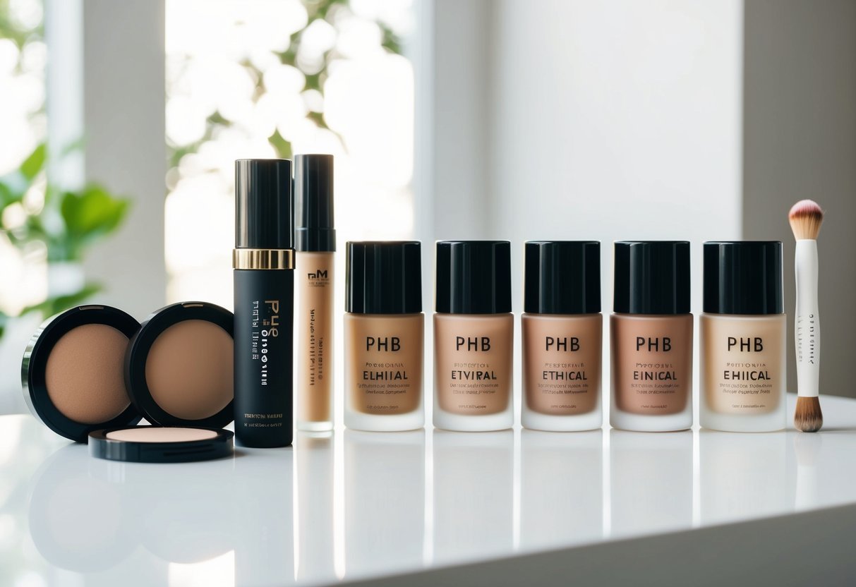 A lineup of PHB Ethical Beauty Pressed Mineral Foundation and vegan makeup products arranged in a clean, minimalist setting with natural lighting