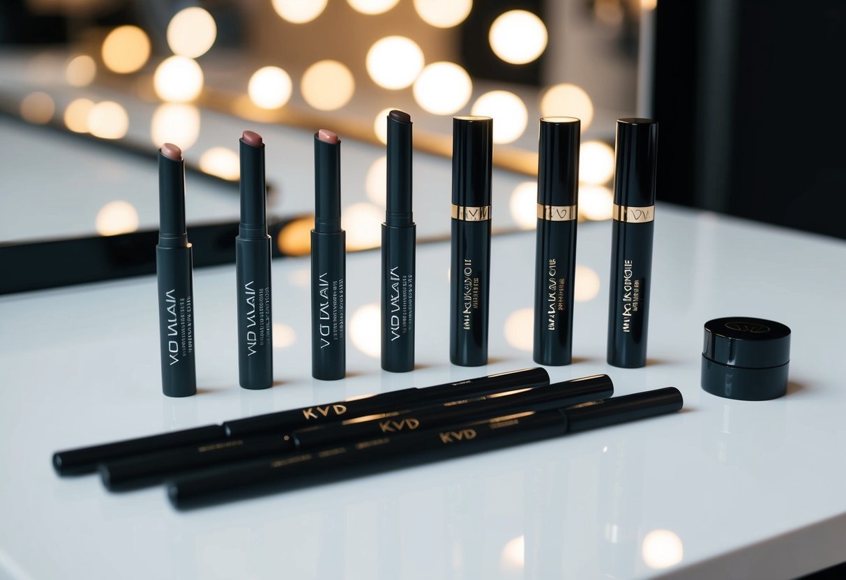 A sleek, minimalist makeup table with KVD Vegan Beauty Tattoo Liner and other vegan beauty products arranged neatly in a row